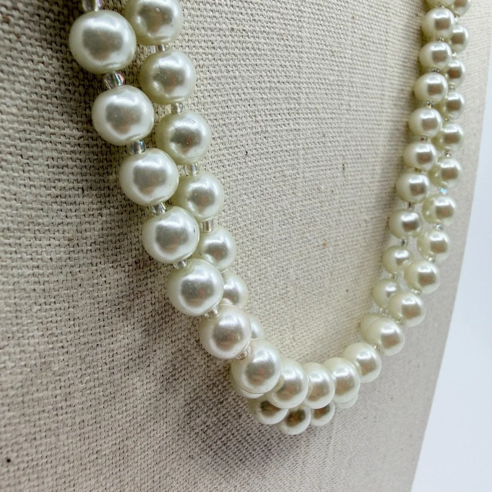 Vintage‎ Faux Pearl Necklace Double Strand Cream Beaded Statement Retro Y2K 90s